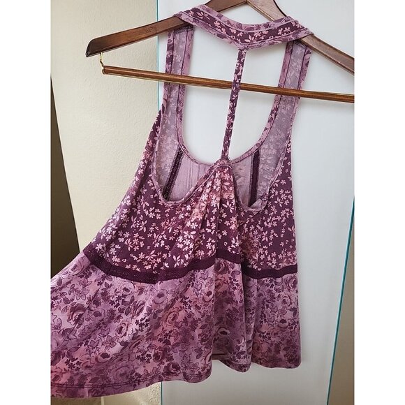 Small Mudd Boho Purples Pink Floral Print Lace Accent Back Sleeveless Tank Top - Picture 5 of 13